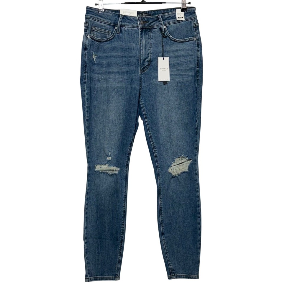NEW Judy Blue Jeans Womens 14W 32X28 Blue Skinny Fit Tummy Control Distressed